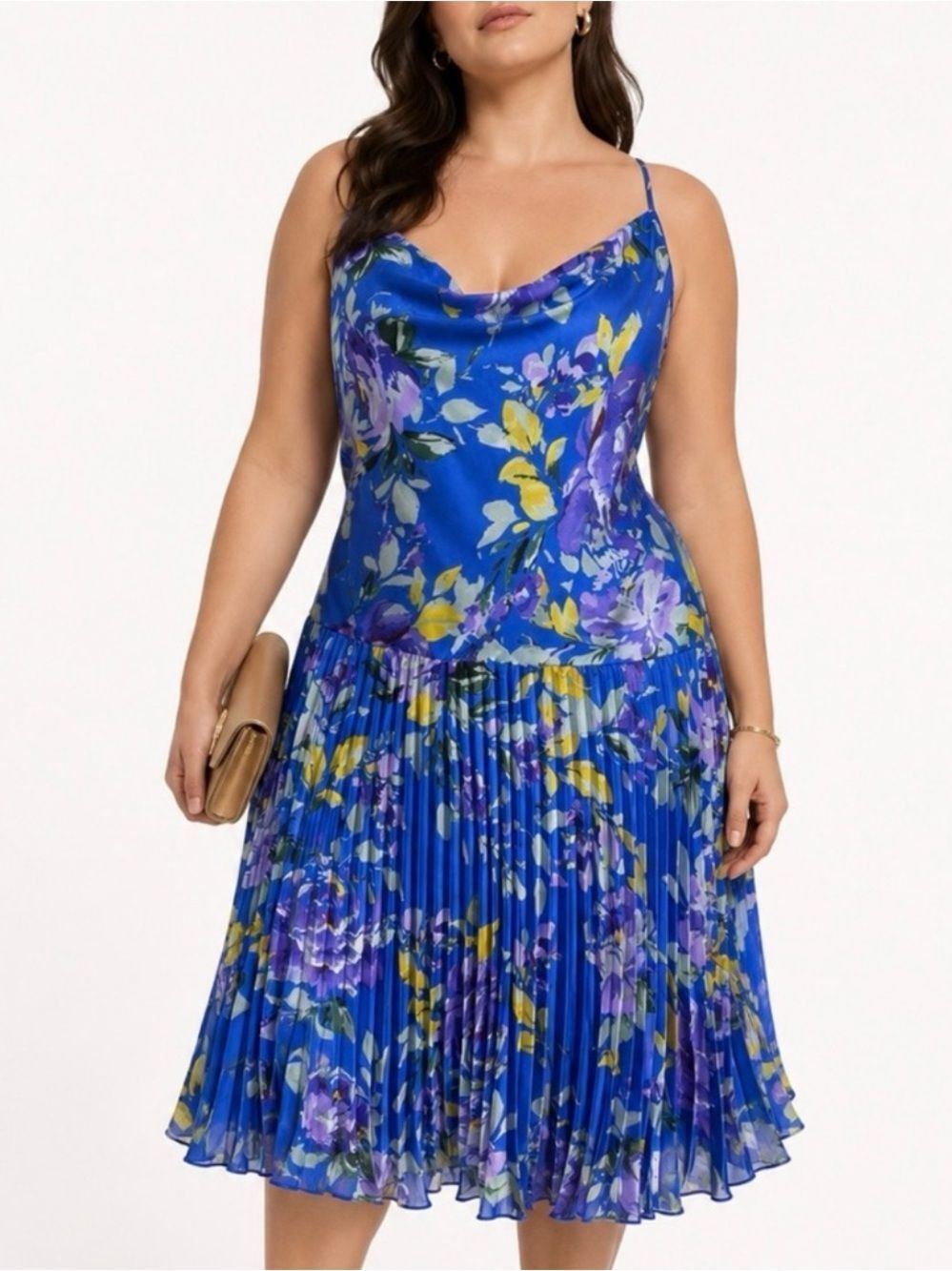 REVIEW AUSTRALIA Blue Floral Cowl Neck Pleated Midi Dress Size 16